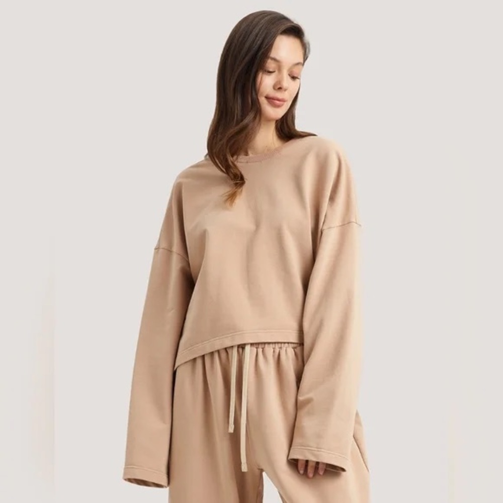 NAP LOUNGEWEAR Repose Cropped Crewneck Sweatshirt (Cookie Dough) NWT